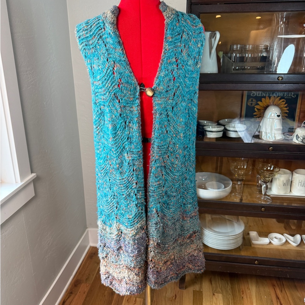 Coldwater Creek Teal One Button Knit Boho Open Front Sweater Vest Size L